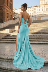 Aqua Strapless Mermaid Satin Pleated Long Formal Prom Dresses With Slit