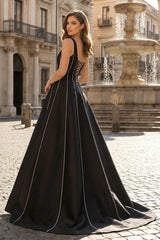 Black A-Line Straps Square Beads Pleated Long Prom Dress
