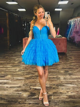 Blue - V Neck Tulle Ruffles A-line Short Homecoming Dresses