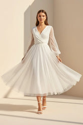 A-Line Tulle White Tea-Length Long Sleeve Wedding Dress