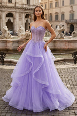 A-line Sweetheart Sleeveless Sweep Train Tulle Prom Dress With Beading Appliqued