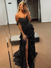 A Line Off-the-Shoulder Satin Tiered Long Prom Dresses With Beads