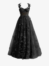 Black A-line Butterfly Lace Lilac Corset Prom Dress with Slit