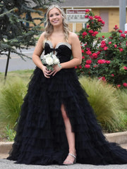 Black Sweetheart Bow Ruffle Long Prom Dress with Slit