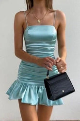 Aqua - Spaghetti Straps Pleated Satin Sleeveless Short Homecoming Dress