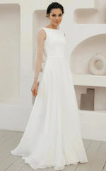 A-Line Chiffon Maxi Wedding Dress Minimalist Sleeved Pearl Button Low Back Bridal Gown