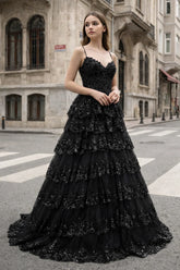 A Line Spaghetti Straps Tiered Lace Prom Dress