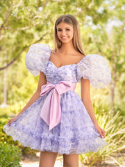 A-Line Sweetheart Lavender Short Homecoming Dress With Puff Sleeves