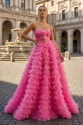 Ball Gown Sweetheart Pink Tiered Printed Tulle Prom Dress