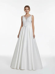 A-Line Illusion Neck Sleeveless Floor-Length Satin Wedding Dress With Pleats