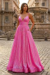 A-line V Neck Sequins Long Prom Dress