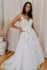 A-Line V Back Long White Wedding Dress with Lace Appliqued