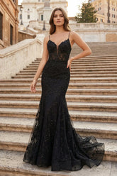 Black Appliques Plunge V Lace-Up Trumpet Prom Gown