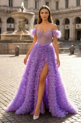 A Line Off the Shoulder Tiered Tulle Prom Dress With Slit