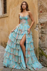 Aqua - Strapless Neck A Line Floral Chiffon Ruffled Prom Dresses With Beading