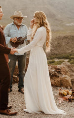 A-Line Sleeved Chiffon Wedding Dress with Sweep Train and Slit