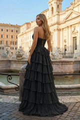 Black - Sweetheart A Line Chiffon Ruffled Prom Dresses With Appliques