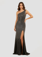 Black One Shoulder Sheath Beaded Prom Dress With Split