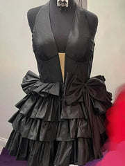 Black - Halter A Line Ruffles Satin Homecoming Dress With Bow