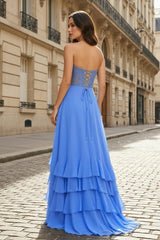 Blue - Sweetheart Chiffon Ruffled A Line Long Prom Dresses With Appliques