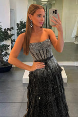 Black-White Strapless A Line Tulle Ruffled Formal Prom Dresses With Beading