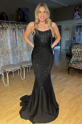 Black Spaghetti Straps Mermaid Prom Dresses With Beading