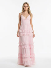 A Line Pink Chiffon Tiered Ruffles Long Prom Dress