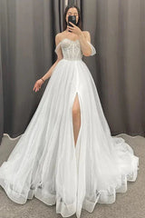 A-line Off the Shoulder Beads High Split Rustic Wedding Dress