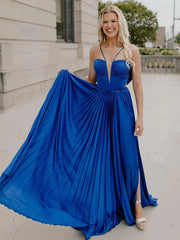 A-Line Straps Royal Blue Pleated Chiffon Long Formal Dress with Bow Back