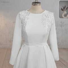 A Line White Long Sleeves Appliqued Wedding Dresses with Train