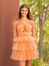 A Line Tulle Orange Keyhole Halter Short Homecoming Dress with Ruffles