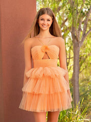 A Line Tulle Orange Keyhole Halter Short Homecoming Dress with Ruffles