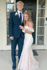 Blue Floral Lace Off-the-Shoulder Ruffle Long Prom Dress