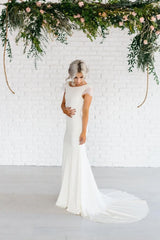 Bateau Neck Lace Cap Sleeve Sheath Satin Chiffon Dress With Cowl Back