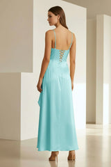 Aqua - Spaghetti Straps Sheath Satin High Low Prom Dresses With Ruffles