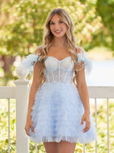 A Line Off the Shoulder Sky Blue Homecoming Dress with Feather