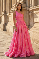 A-Line One Shoulder Sequins Prom Dress with Pockets