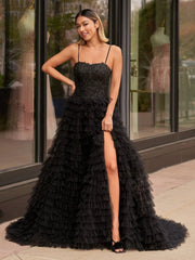 A-Line Tiered Sequins Tulle Long Prom Dress