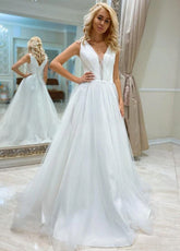 A Line Bohemian Long Tulle Simple Wedding Dress V Neck
