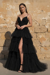 A-Line Spaghetti Straps Long Tiered Tulle Prom Dress With Split