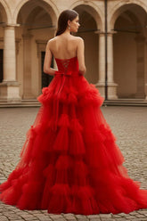 A-Line Strapless Ruffled Tulle Prom Dress