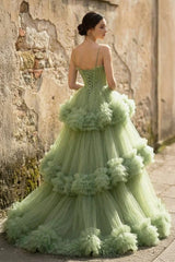 A-line Spaghetti Straps Pleated Tulle Prom Dress