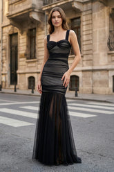 Black Sweetheart Mermaid Tulle Pleated Long Formal Prom Dresses