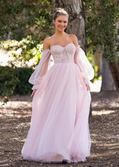 A-line Corset Off The Shoulder Floor Length Tulle Prom Dress with lace appliques