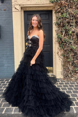 Black Sweetheart Bow Ruffle Long Prom Dress with Slit