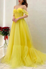 A Line Off the Shoulder Yellow Corset Prom Dress
