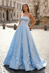 3D Flower Sky Blue Strapless A-Line Prom Dress