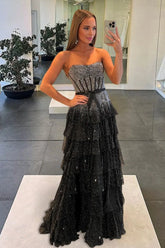 Black-White Strapless A Line Tulle Ruffled Formal Prom Dresses With Beading