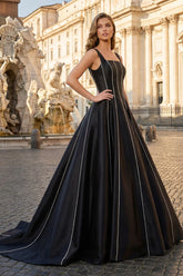 Black A-Line Straps Square Beads Pleated Long Prom Dress