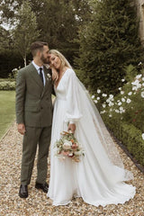 A-Line Long Sleeves Satin Wedding Dresses with V Neck